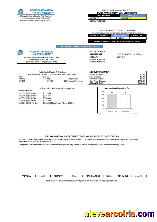USA New York Port Washington Water District utility bill